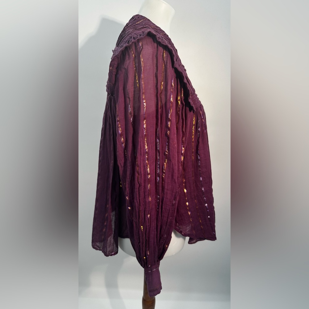 Farm Rio Burgundy Pleated Yoke Metallic Stripe Long Sleeve Button Blouse XS - Picture 8 of 11